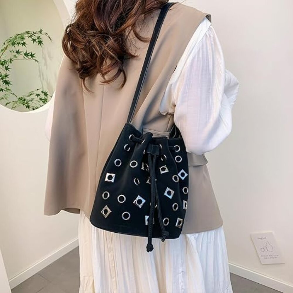 Neiman Marcus Y2K Silver Studded Vegan Leather Bucket Bag